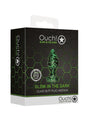 Ouch Glass Butt Plug Glow in the Dark Medium Green packaging showcasing its luminous design and sleek shape.
