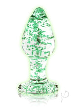 Ouch Glass Butt Plug Glow in the Dark Medium Green with luminous green detailing and smooth texture.