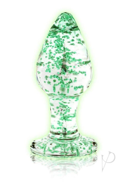 Ouch Glass Butt Plug Glow in the Dark Medium Green with luminous green detailing and smooth texture.