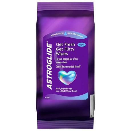 Astroglide Get Flirty Sex Toy Cleaner Wipes 20 Pack packaging showing wipes for easy toy cleaning.