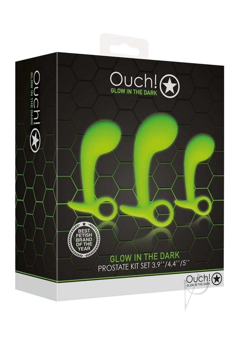Ouch Prostate Kit Glow in the Dark 3 Pc Green packaging displaying three prostate toys.