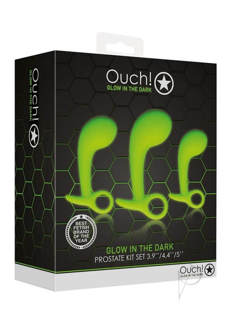 Ouch Prostate Kit Glow in the Dark 3 Pc Green packaging displaying three prostate toys.