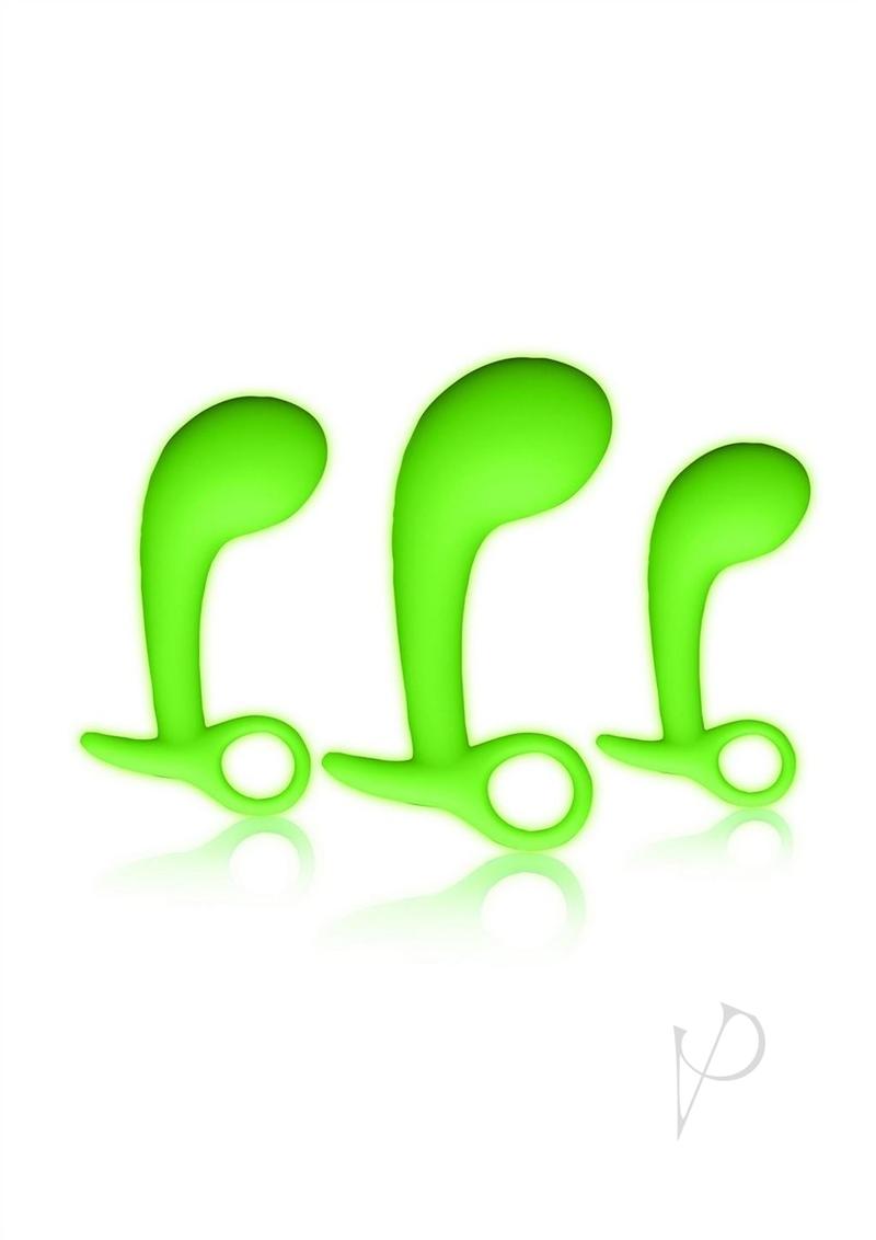 Ouch Prostate Kit Glow in the Dark 3 Pc Green showcasing three illuminated green prostate toys.