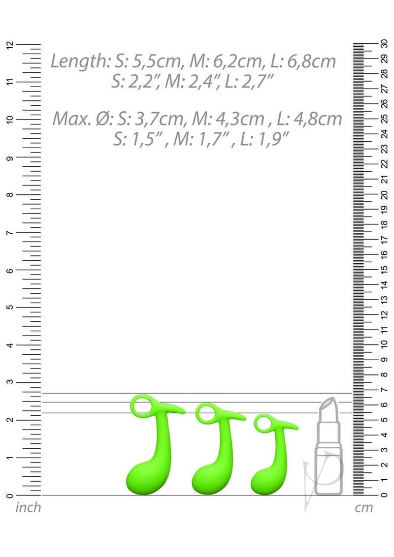 Ouch Prostate Kit Glow in the Dark 3 Pc Green size chart showing dimensions in inches and centimeters.