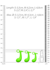 Ouch Prostate Kit Glow in the Dark 3 Pc Green size chart showing dimensions in inches and centimeters.