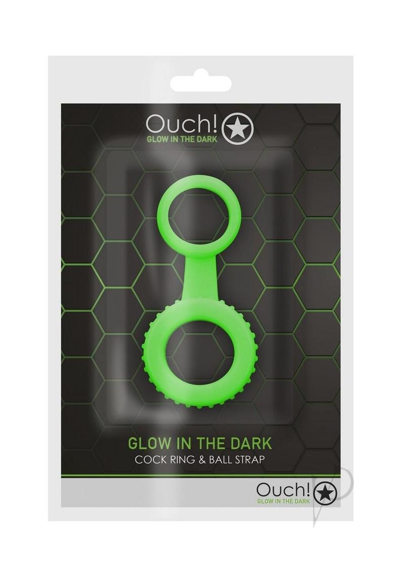 Ouch Cock Ring and Ball Strap Glow in the Dark Green packaging showcasing a dual-action ring with fluorescent green design.