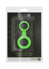 Ouch Cock Ring and Ball Strap Glow in the Dark Green packaging showcasing a dual-action ring with fluorescent green design.