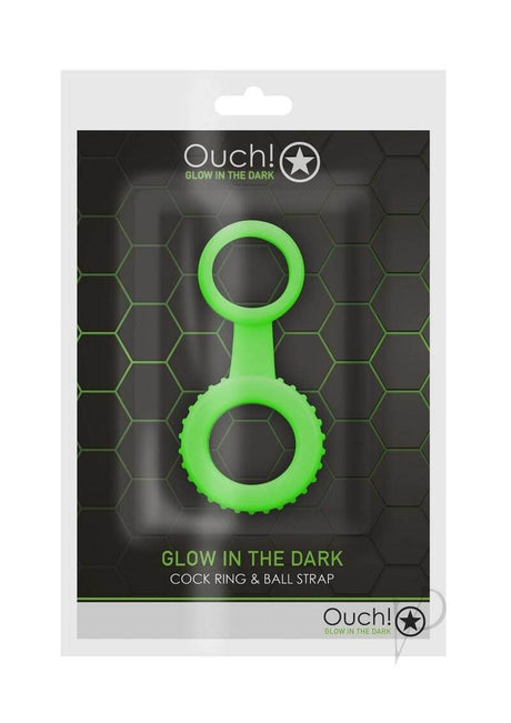 Ouch Cock Ring and Ball Strap Glow in the Dark Green packaging showcasing a dual-action ring with fluorescent green design.