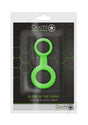Ouch Cock Ring and Ball Strap Glow in the Dark Green packaging showcasing a dual-action ring with fluorescent green design.