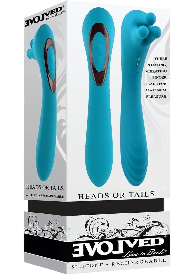 Heads or Tails Silicone Rechargeable Dual Vibrator Teal featuring powerful vibrator and massaging fingers.