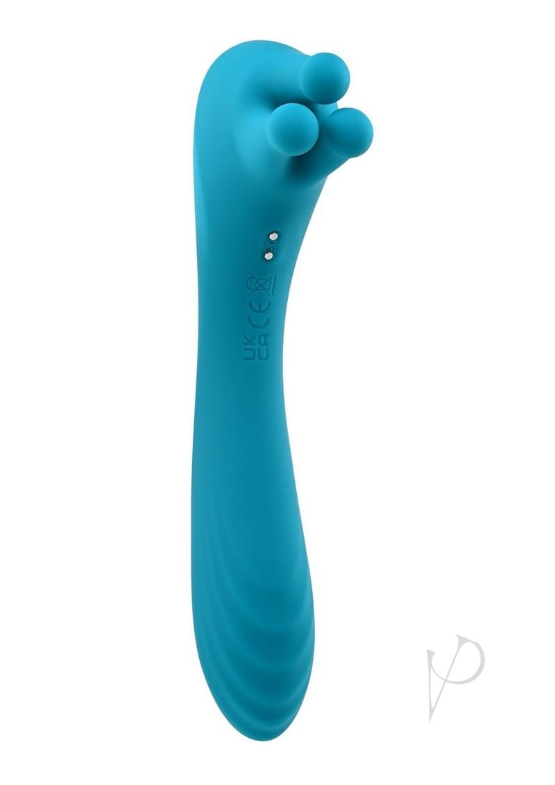 Heads or Tails Silicone Rechargeable Dual Vibrator Teal in vibrant teal color showcasing its smooth design and massaging features.