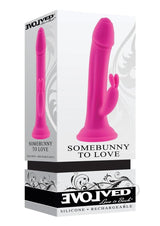 Somebunny to Love Rechargeable Silicone Rabbit Vibrator Pink in packaging, showcasing its design and features.