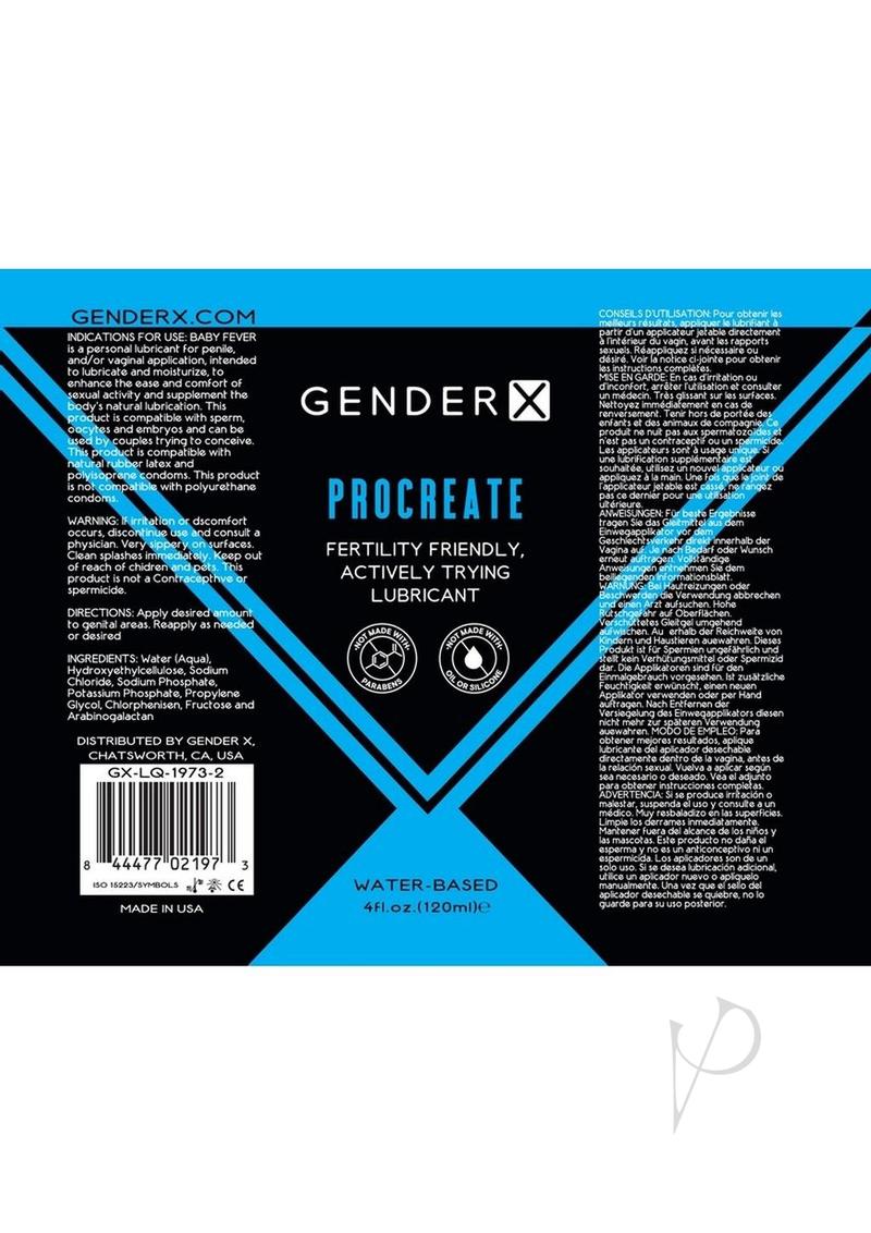 Gender X Procreate Water Based Lubricant 4 oz product label featuring fertility-friendly application details.