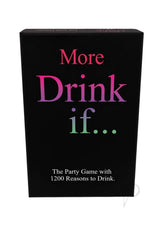 More Drink If Adult Drinking Card Game box design featuring vibrant text on a black background.