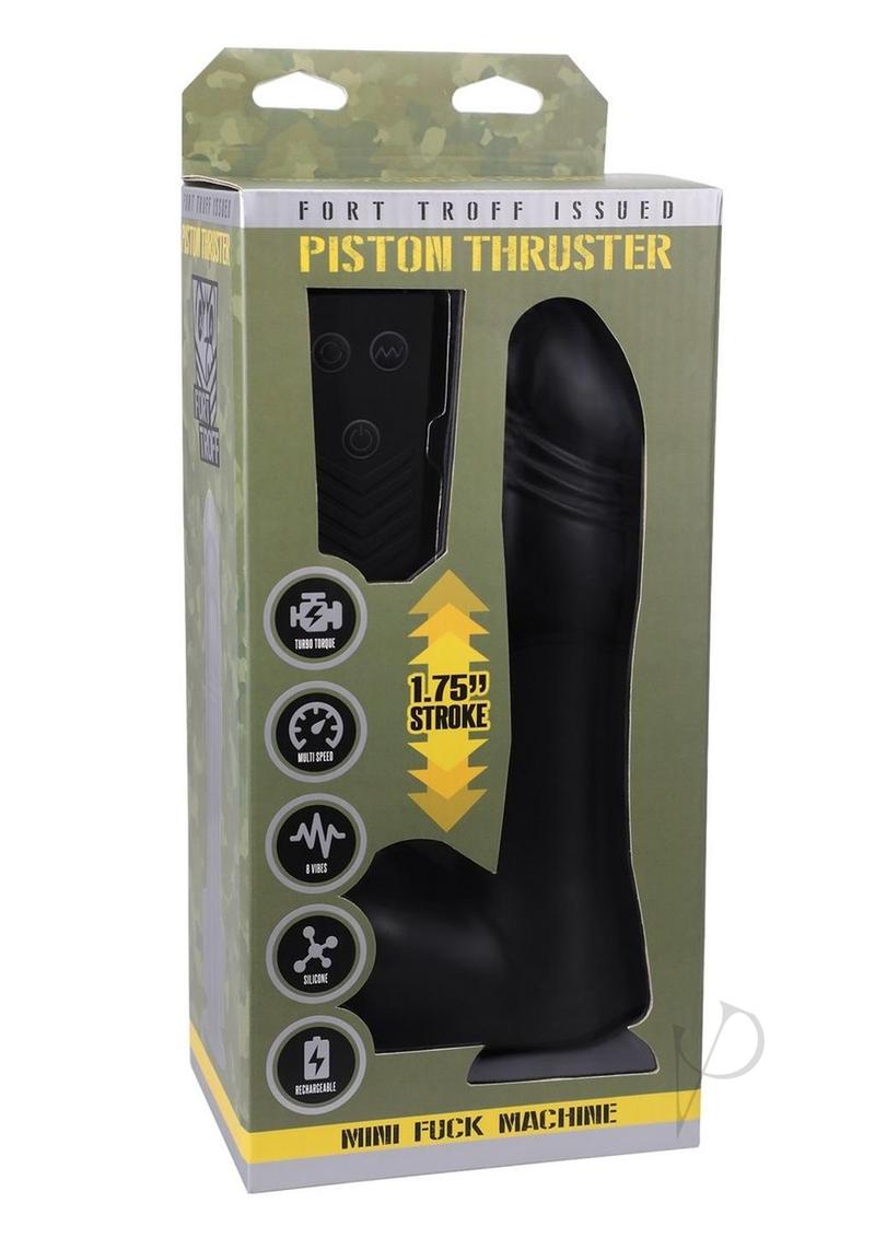Fort Troff's Piston Thruster Silicone Thrusting Dildo Black in packaging with features highlighted.