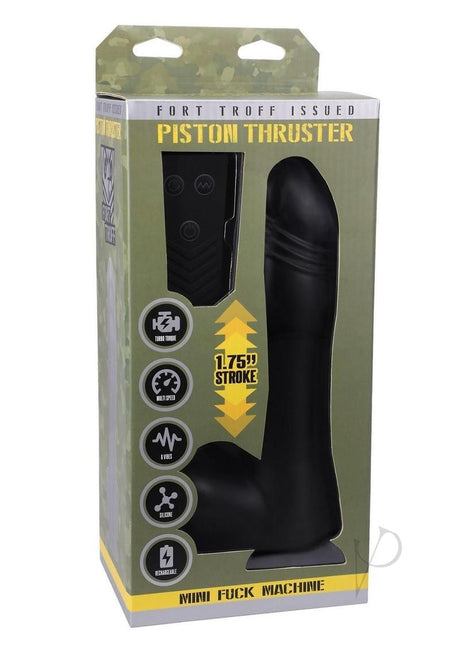 Fort Troff's Piston Thruster Silicone Thrusting Dildo Black in packaging with features highlighted.