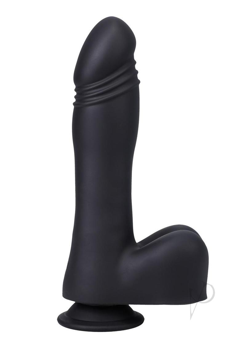 Fort Troff's Piston Thruster Silicone Thrusting Dildo Black displaying a sleek black design with a suction base.