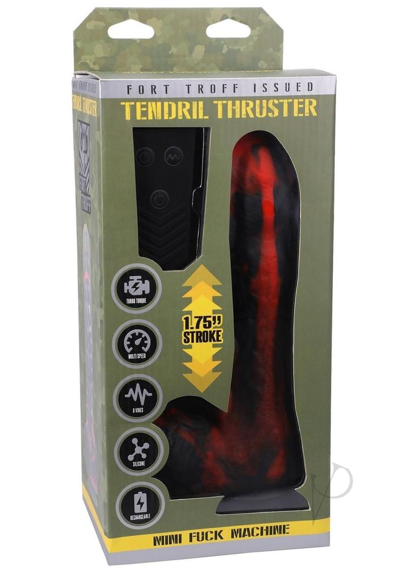 Fort Troff Tendril Thruster Silicone Mini Machine Dildo Red packaging featuring multi-speed settings and a compact design.