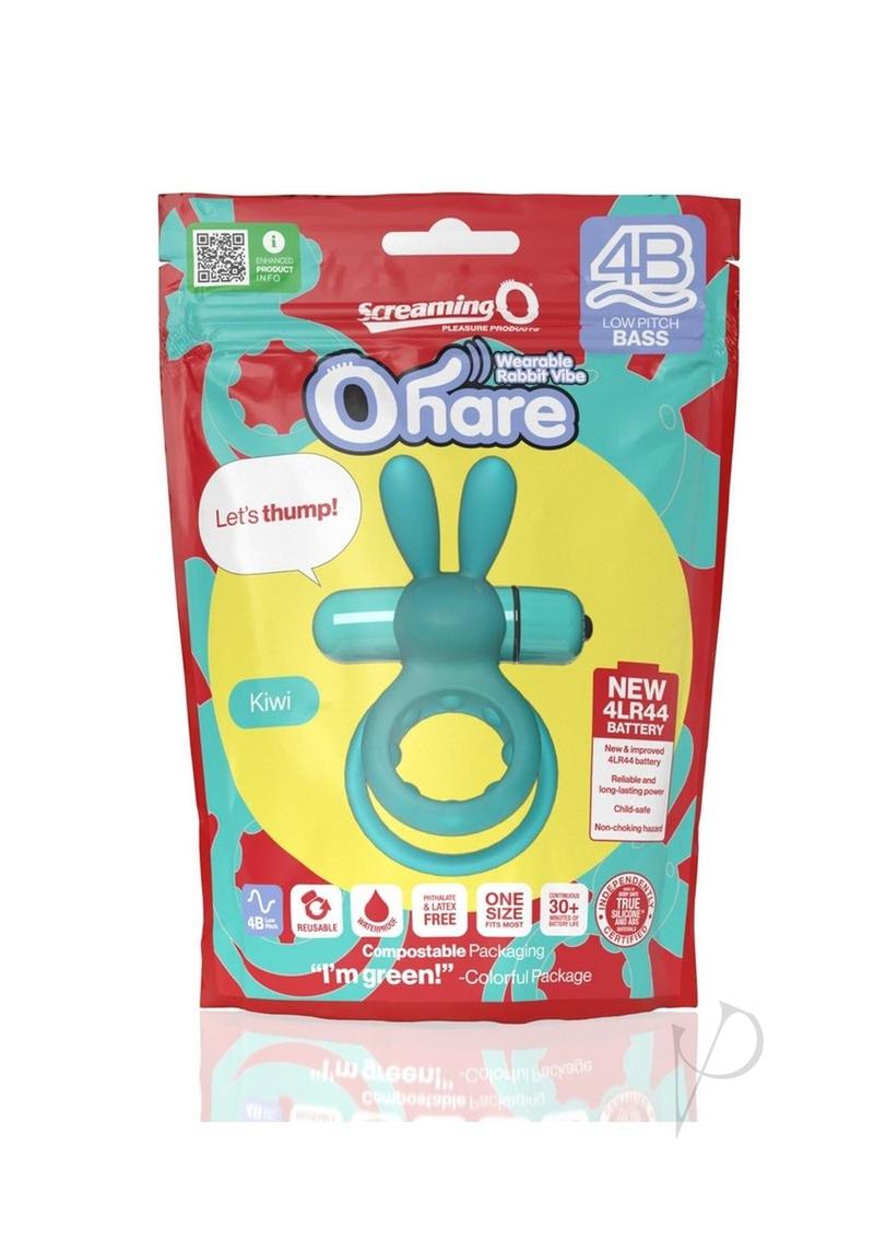 Screaming O 4B Ohare Vibrating Cock Ring Kiwi packaging showcasing colorful design and product features.