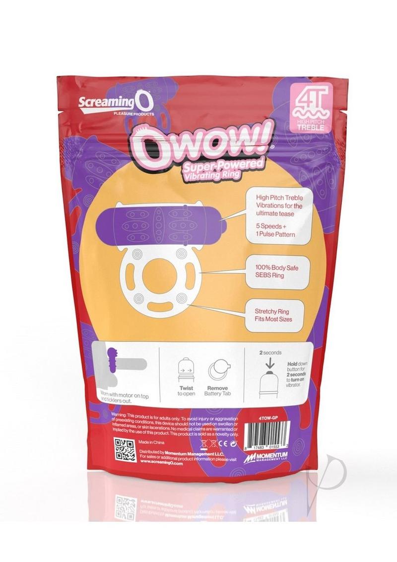 Screaming O 4T O Wow Vibrating Ring Grape package highlighting features and design for enhanced pleasure.