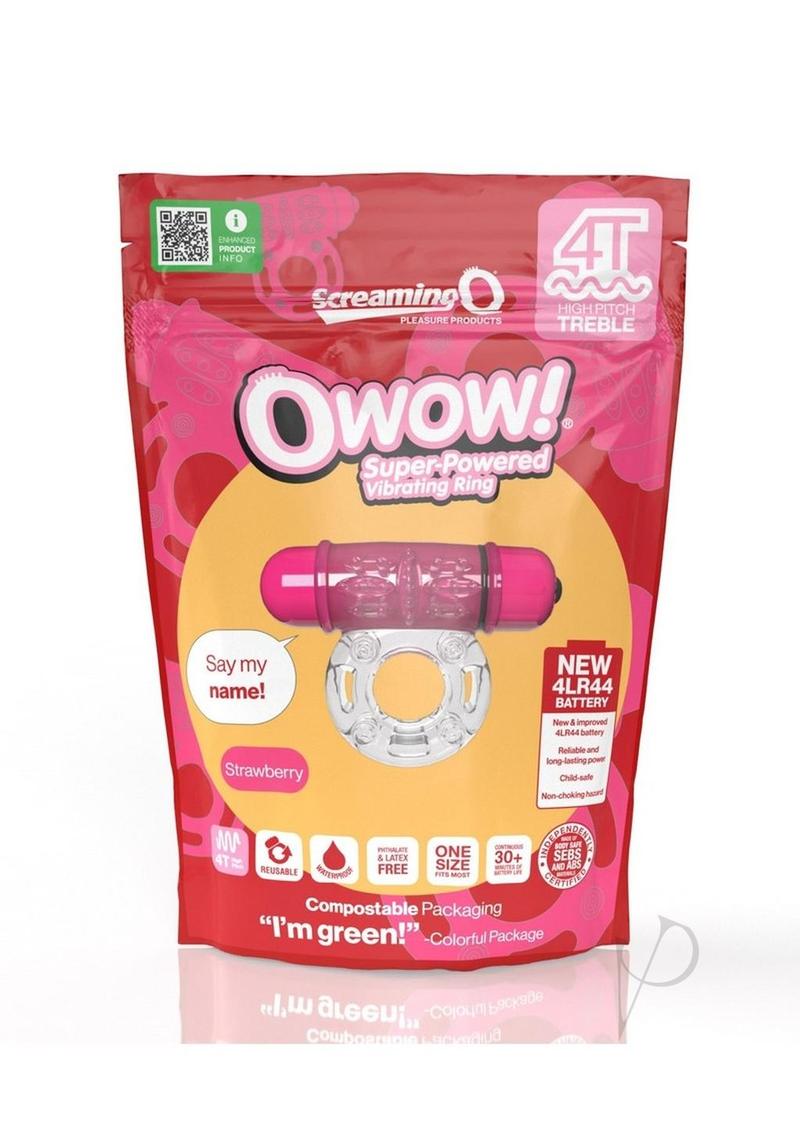 Screaming O 4T O Wow Vibrating Ring Strawberry packaging showcasing super-powered functionality and vibrant design.
