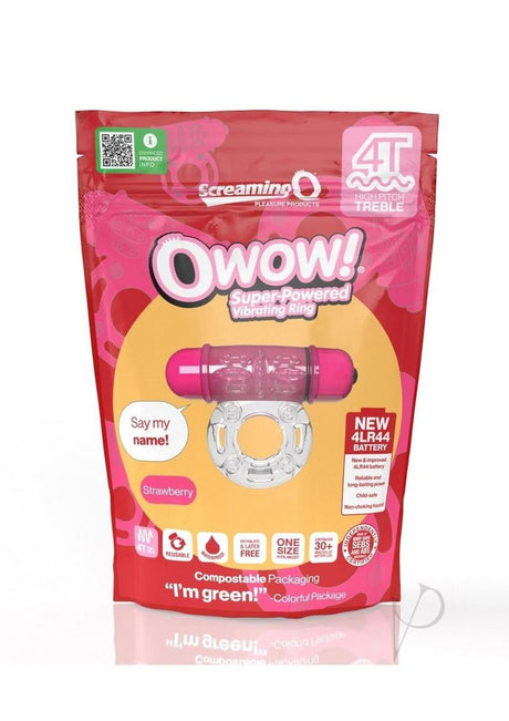 Screaming O 4T O Wow Vibrating Ring Strawberry packaging showcasing super-powered functionality and vibrant design.