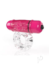 Screaming O 4T O Wow Vibrating Ring Strawberry featuring a pink bullet and clear stretchy ring for pleasure.