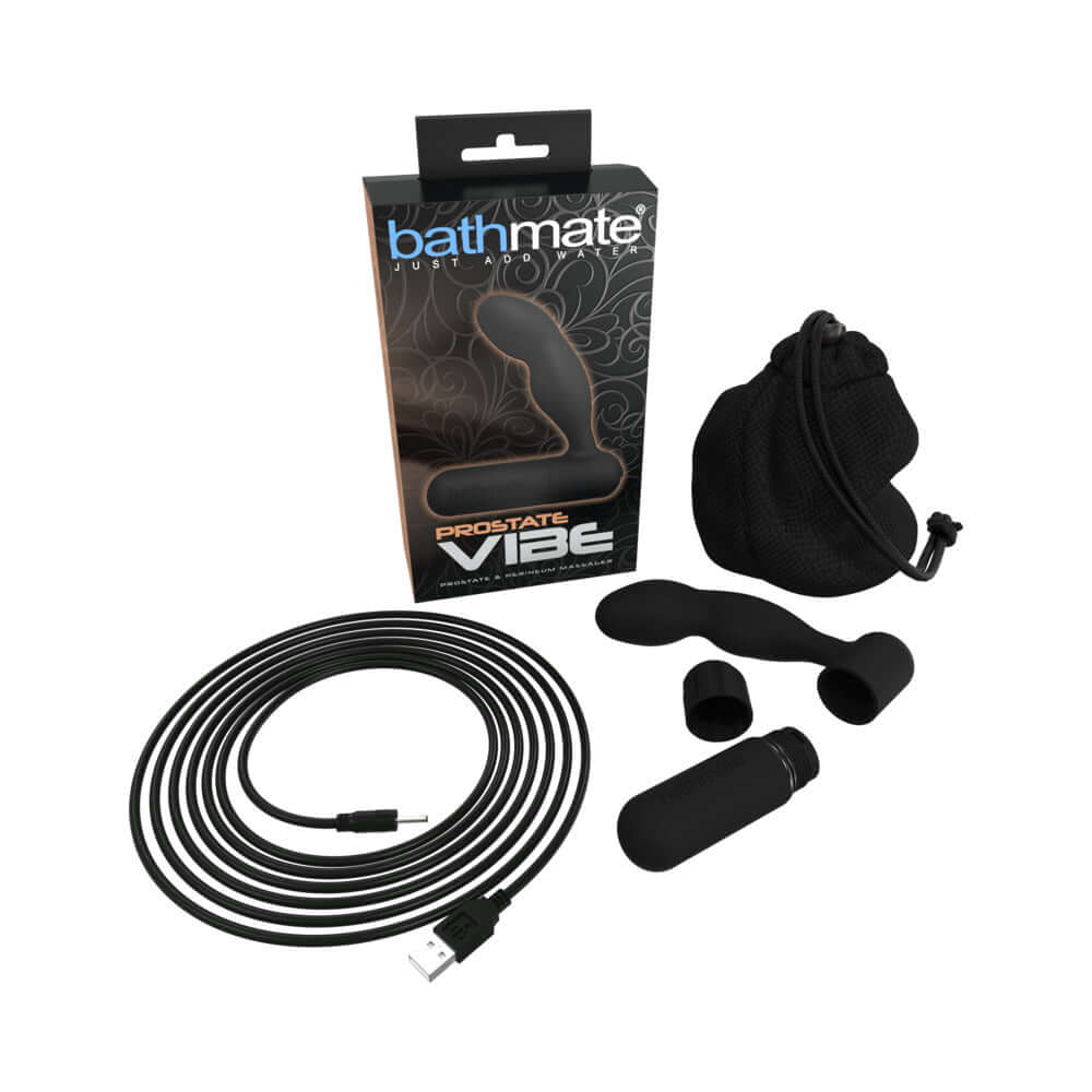 Bathmate Prostate Vibe Massager Black package contents including massager, USB cable, and storage pouch.