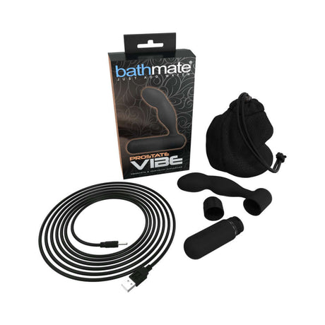 Bathmate Prostate Vibe Massager Black package contents including massager, USB cable, and storage pouch.