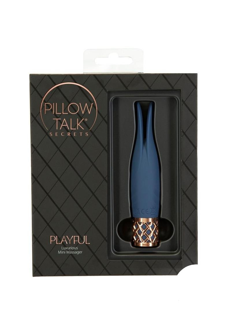 Pillow Talk Secrets Playful Rechargeable Massager Blue in elegant packaging, showcasing its unique rabbit ear design.