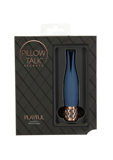Pillow Talk Secrets Playful Rechargeable Massager Blue in elegant packaging, showcasing its unique rabbit ear design.
