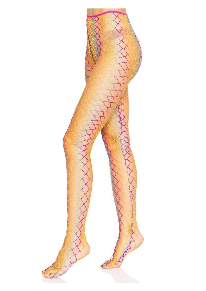 Leg Avenue Ombre Rainbow Woven Net Tight OS featuring a colorful ombre design and woven net pattern.
