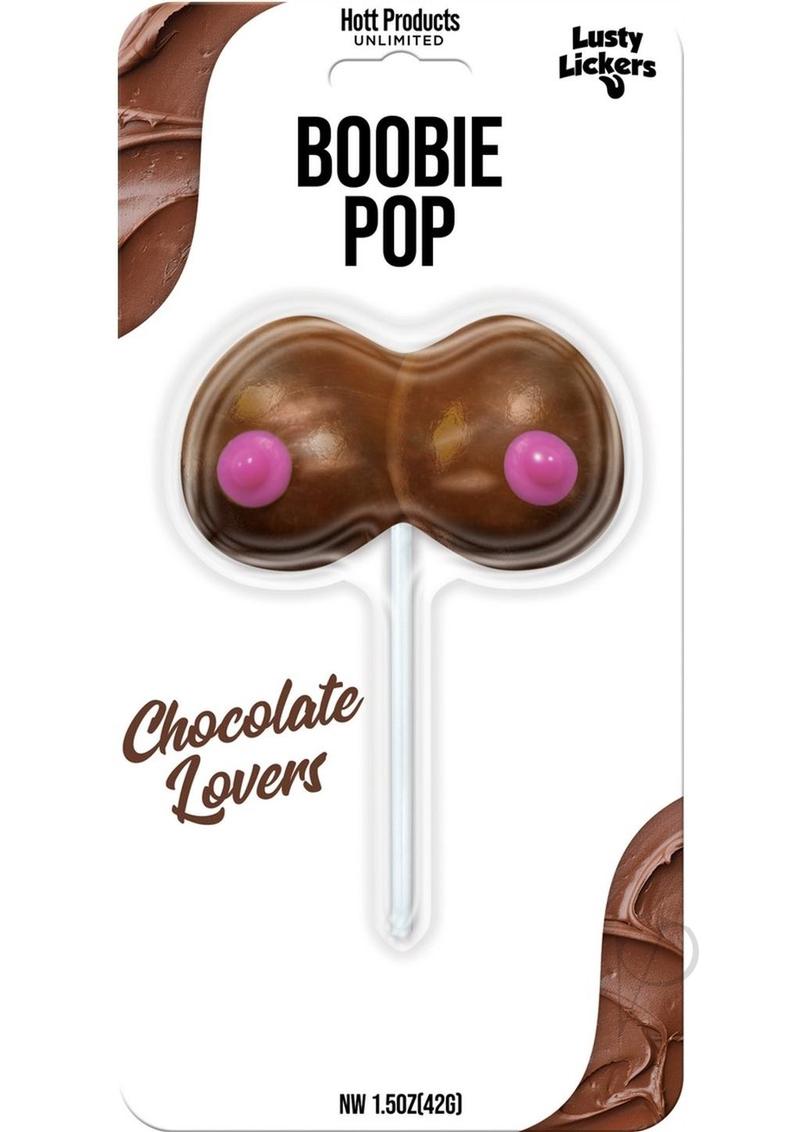 Lusty Lickers Boobie Pop Chocolate Lovers Lollipop, fun chocolate-shaped lollipop for adult celebrations.