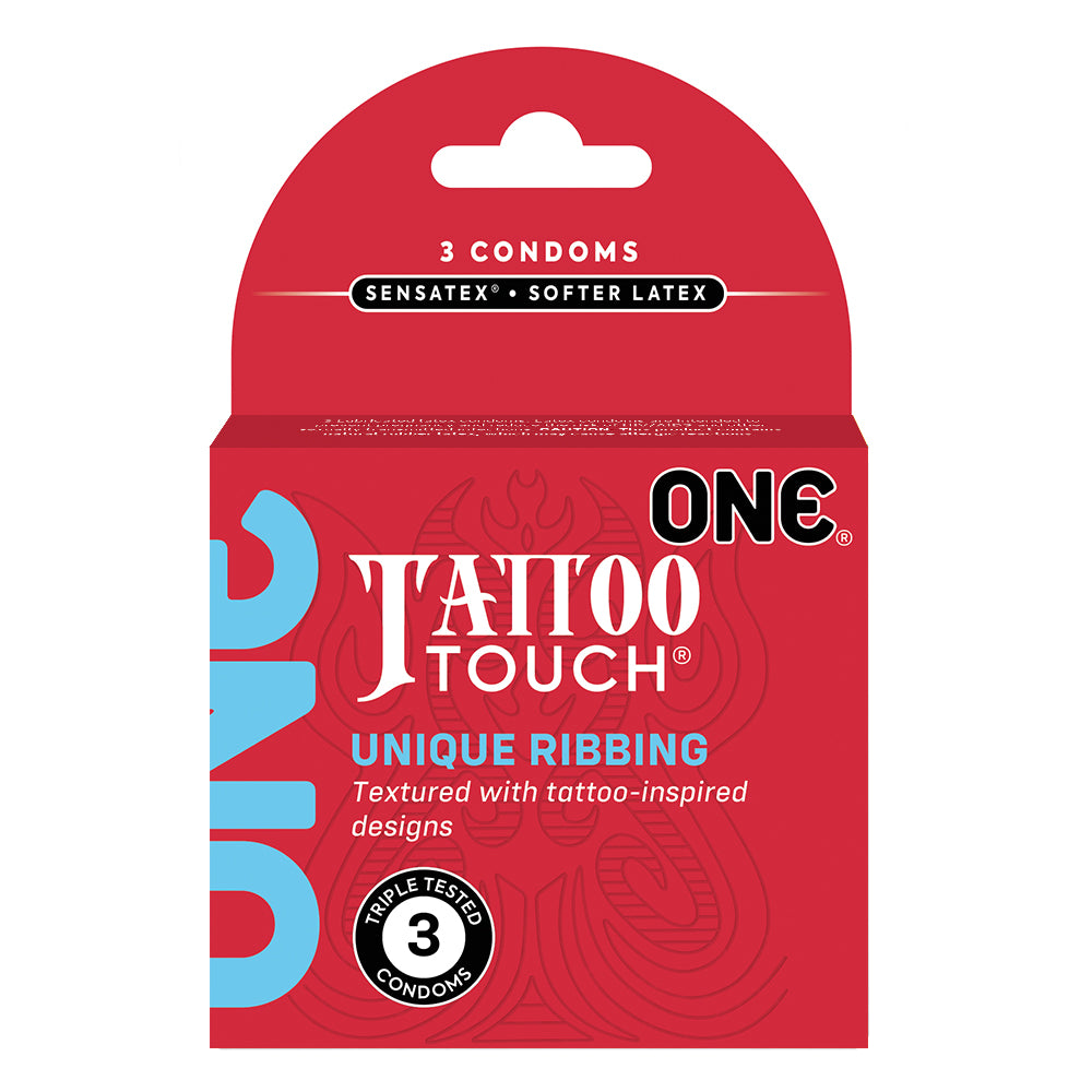 One Tattoo Touch Ribbed Condoms 3 Pack packaging showcasing unique tattoo-inspired ribbing design.