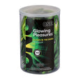 ONE Glowing Pleasures Condoms 100 Count Bowl in a transparent container, glowing in the dark, vibrant packaging.