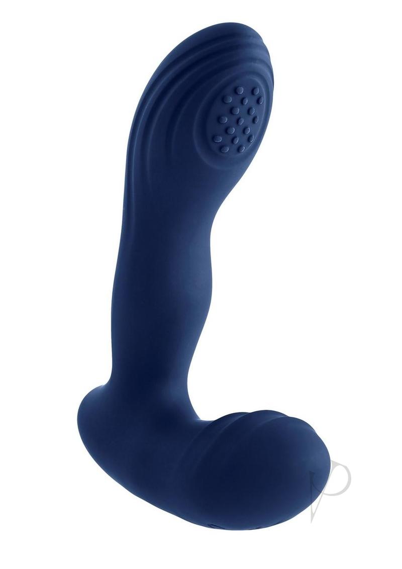 Playboy Pleasure Pleaser Warming Prostate Massager Blue in a sleek, body-hugging design with a velvet-smooth silicone finish.