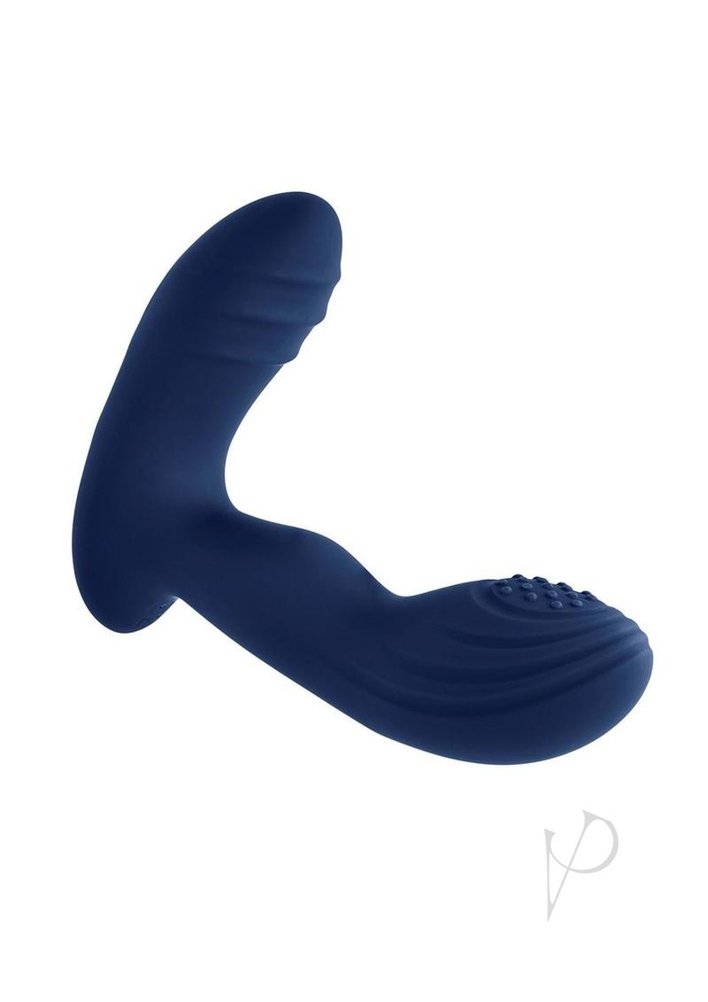 Playboy Pleasure Pleaser Warming Prostate Massager Blue displayed on a white background, highlighting its sleek design.