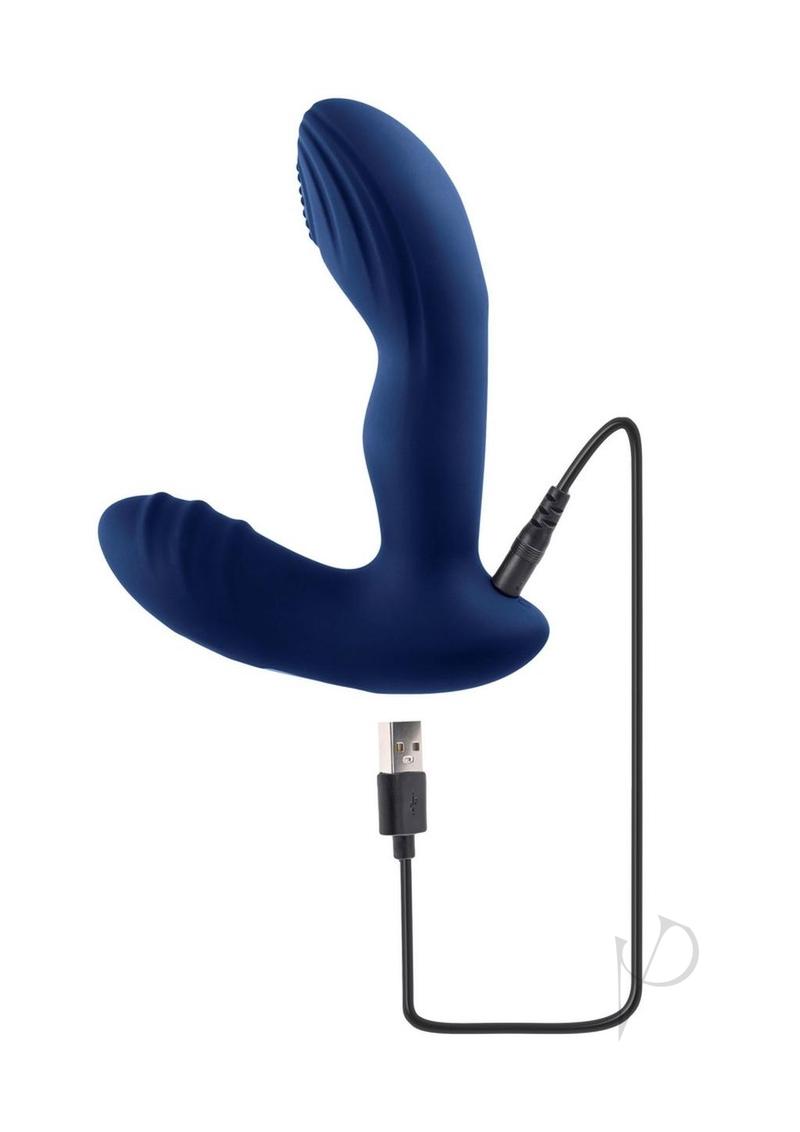 Playboy Pleasure Pleaser Warming Prostate Massager Blue with USB charging cable and sleek design.
