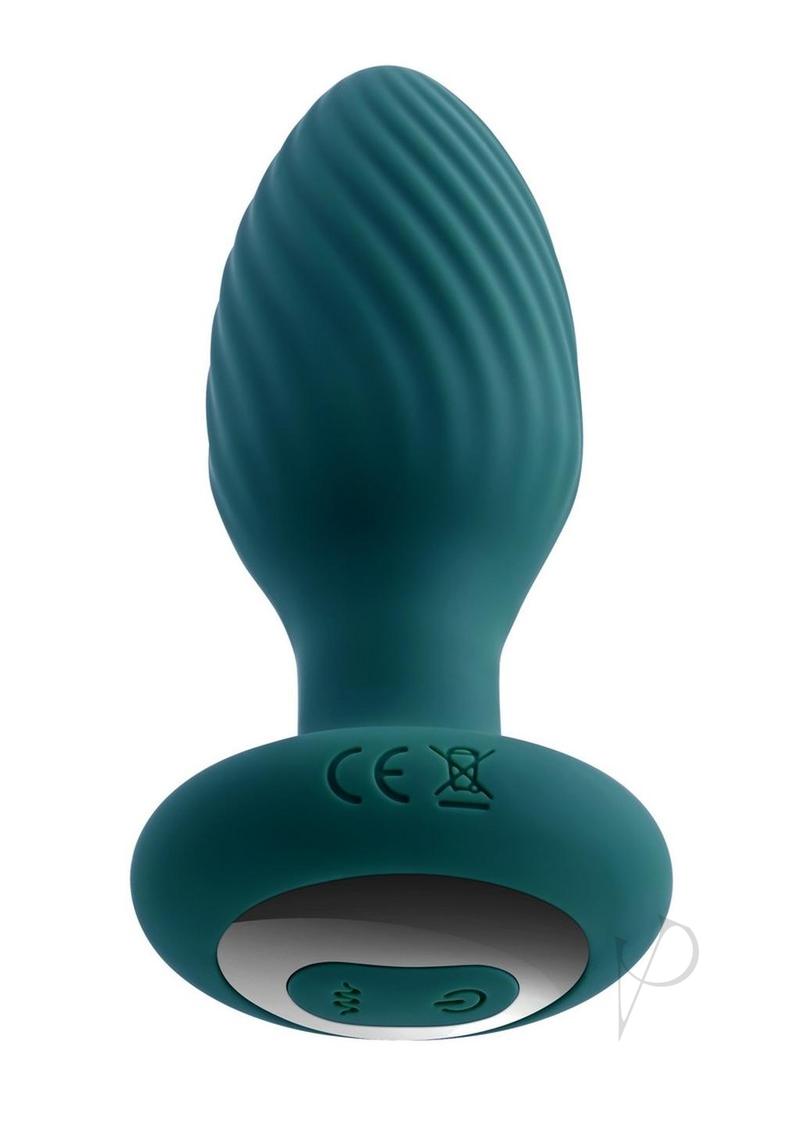 Playboy Spinning Tail Teaser Rotating Anal Plug Green with textured surface and control buttons for spinning and vibrating action.