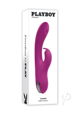 Playboy Thumper Rechargeable Silicone Rabbit Vibrator Purple in packaging, showcasing its sleek design and vibrant color.