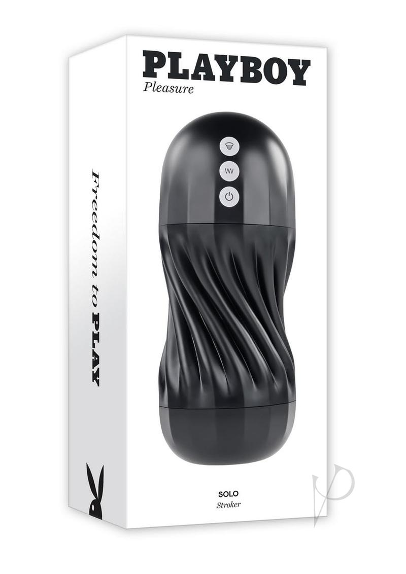 Playboy Solo Rechargeable Textured Stroker Black packaging design with buttons and textured surface.