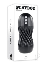 Playboy Solo Rechargeable Textured Stroker Black packaging design with buttons and textured surface.