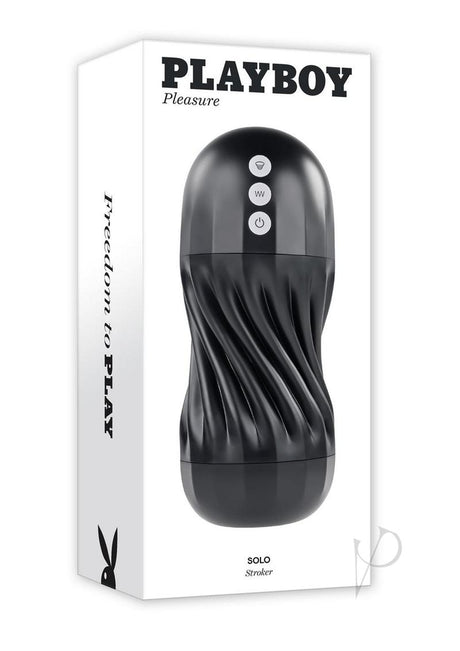 Playboy Solo Rechargeable Textured Stroker Black packaging design with buttons and textured surface.