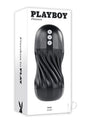 Playboy Solo Rechargeable Textured Stroker Black packaging design with buttons and textured surface.