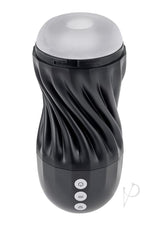 Playboy Solo Rechargeable Textured Stroker Black with unique twisting design for enhanced solo pleasure.