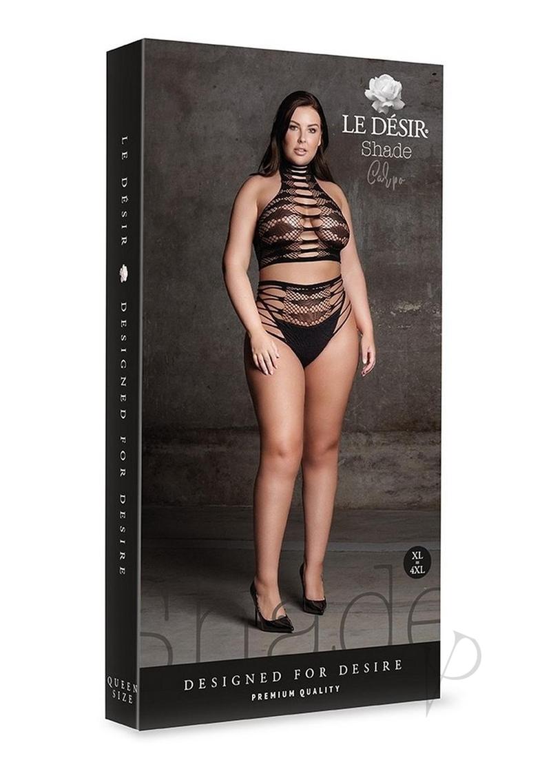 Le Desir Carpo XLVI Two Piece Lingerie Queen Black showcased on the model, featuring edgy design and sheer details.