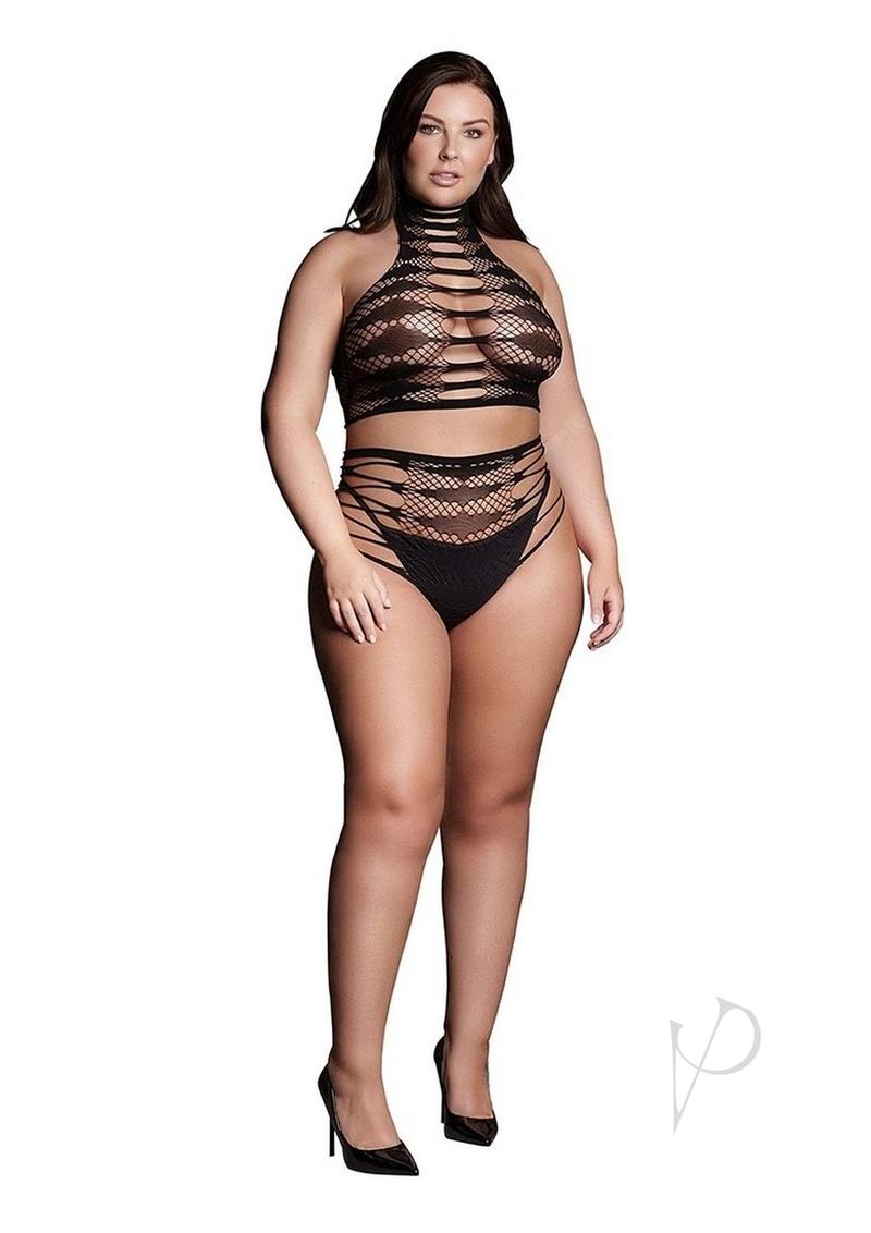 Le Desir Carpo XLVI Two Piece Lingerie Queen Black worn by a model, featuring a bold turtleneck crop top and matching panty.