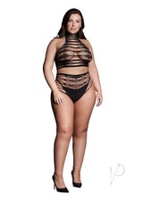 Le Desir Carpo XLVI Two Piece Lingerie Queen Black worn by a model, featuring a bold turtleneck crop top and matching panty.