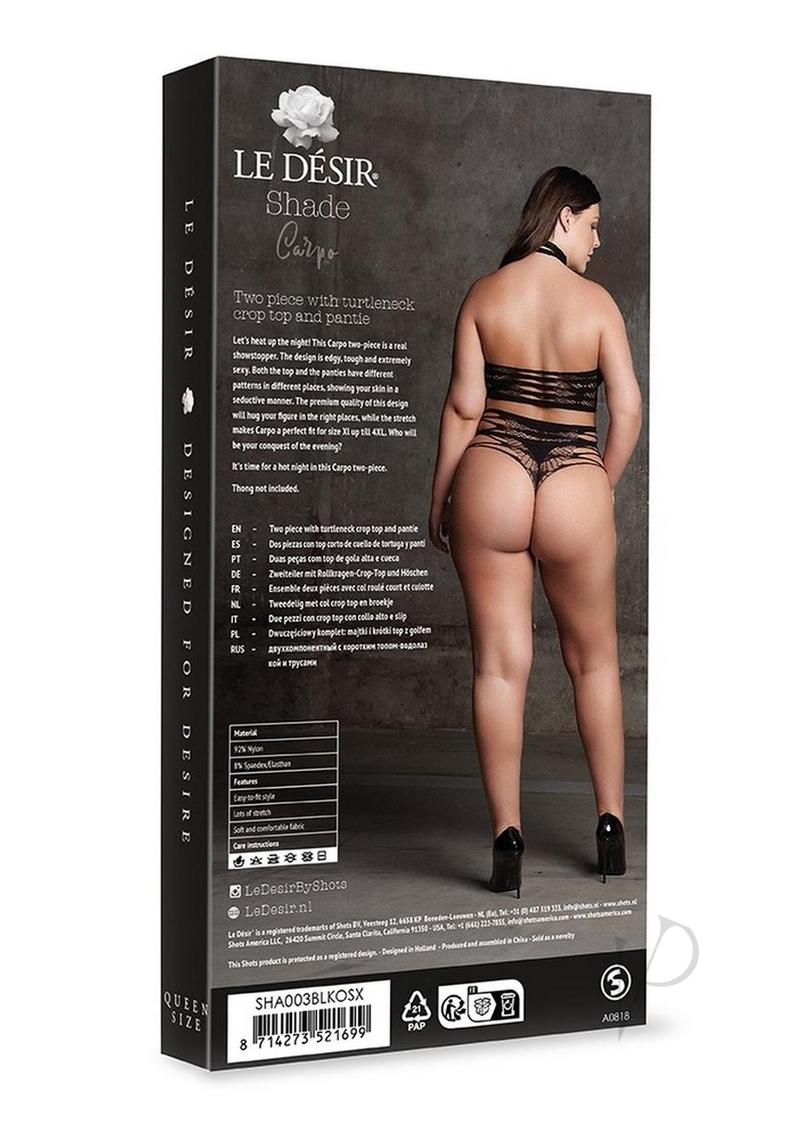 Le Desir Carpo XLVI Two Piece Lingerie Queen Black packaging featuring a model wearing the set from the back.