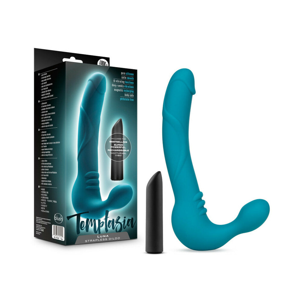 Temptasia Luna 9 inches Silicone Strapless Strap-On Dildo with Rechargeable Bullet Vibrator Teal